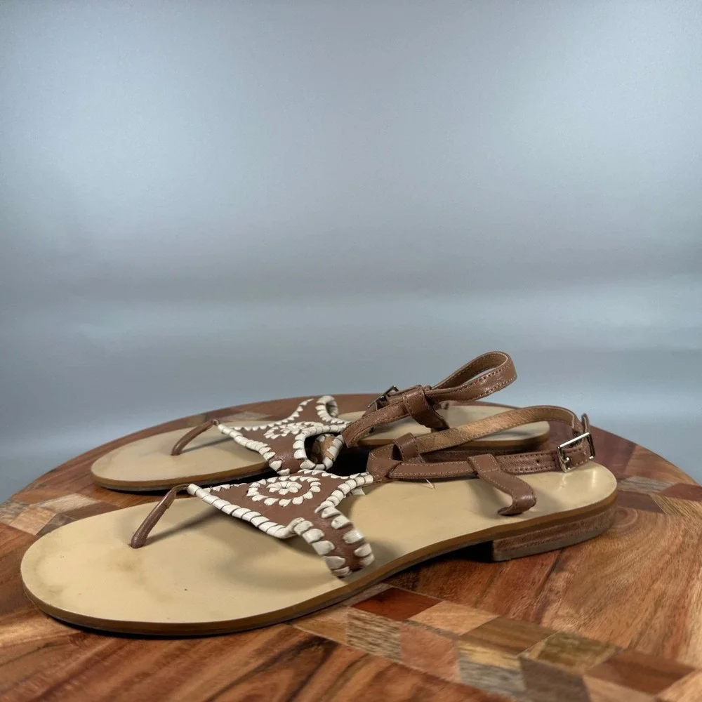 Jack Rogers Womens Brown Leather Whipstitch Medallion Ankle Strap Sandals 8M